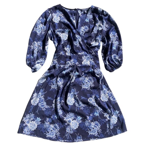 NWT American Living Navy Blue Rose Floral Tie Waist Dress Size 14 - Picture 2 of 9